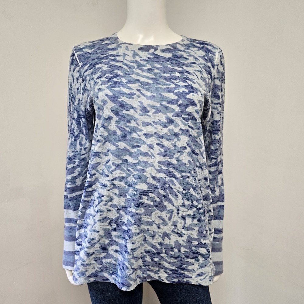 Whimsy Rose Baby Waffle Knit Top Blue Abstract Long Sleeve Tee Womens Size L